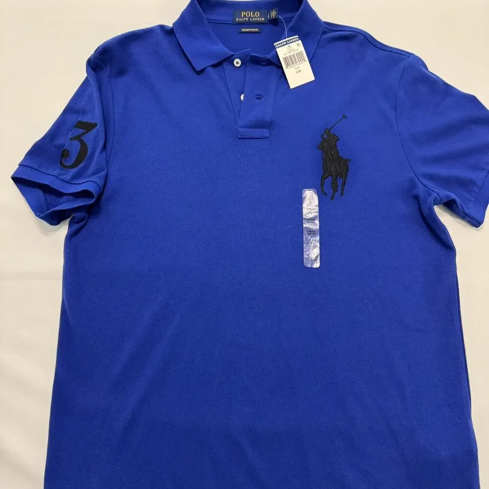NEW Polo Ralph Lauren Polo Shirt Big Pony #3 Men's Large Blue Custom Fit Cotton